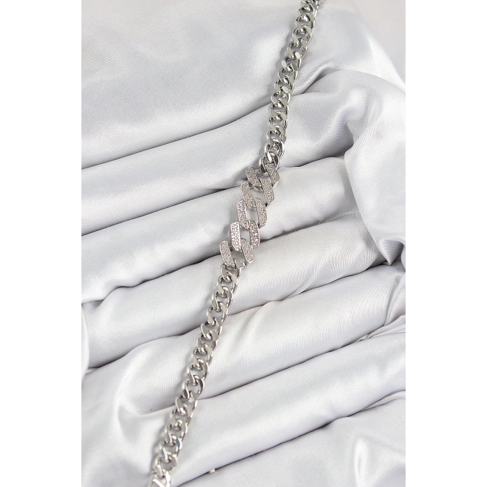 BFS Pirinç Zirkon Taşlı Ezme Küba Zincir Model Gümüş Renk Kadın Bileklik