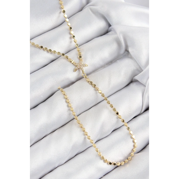 BFS Pirinç Zirkon Taşlı Ezme Zincirli Deniz Yıldızı Model Gold Renk Y Kolye