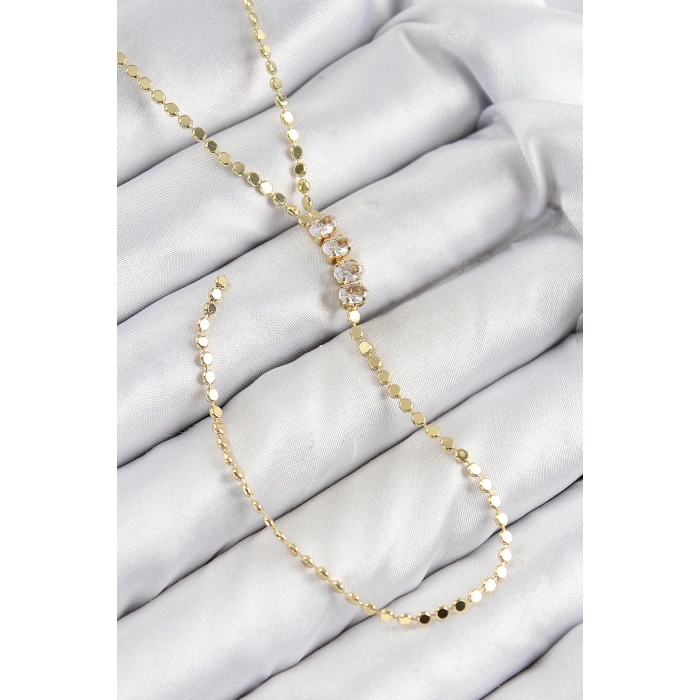 BFS Pirinç Zirkon Taşlı Ezme Zincirli Model Gold Renk Y Kolye