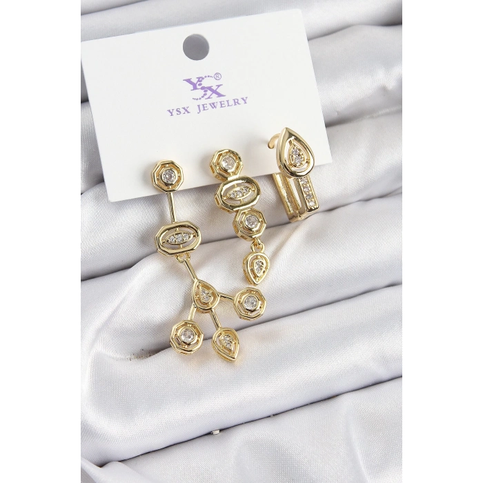 BFS Pirinç Zİrkon Taşlı Geometrik Model Gold Renk 3lü Kadın Küpe