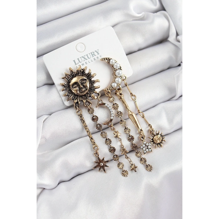 BFS Pirinç Zirkon Taşlı Güneş Ve Ay Figürlü Eskitme Model Sallantılı Küpe