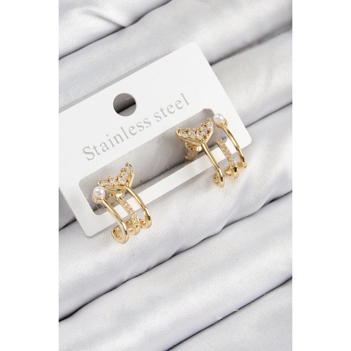 BFS Pirinç Zirkon Taşlı İnci Detaylı Balık Kuyruğu Model Gold Renk Kadın Küpe