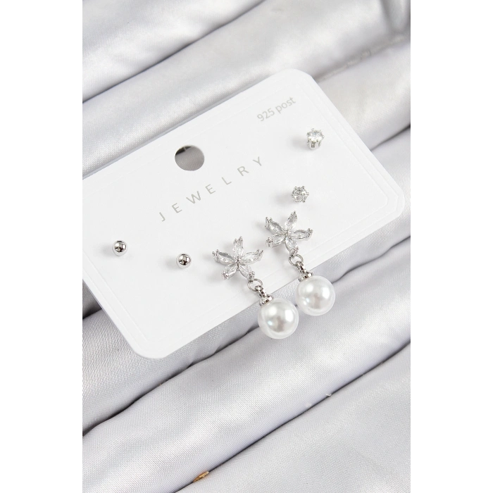 ÇOK SATAN BFS Pirinç Zirkon Taşlı İnci Sallantılı Çiçek Model Gümüş Renk 925 Ayar Gümüş Çivi Kadın Küpe Set