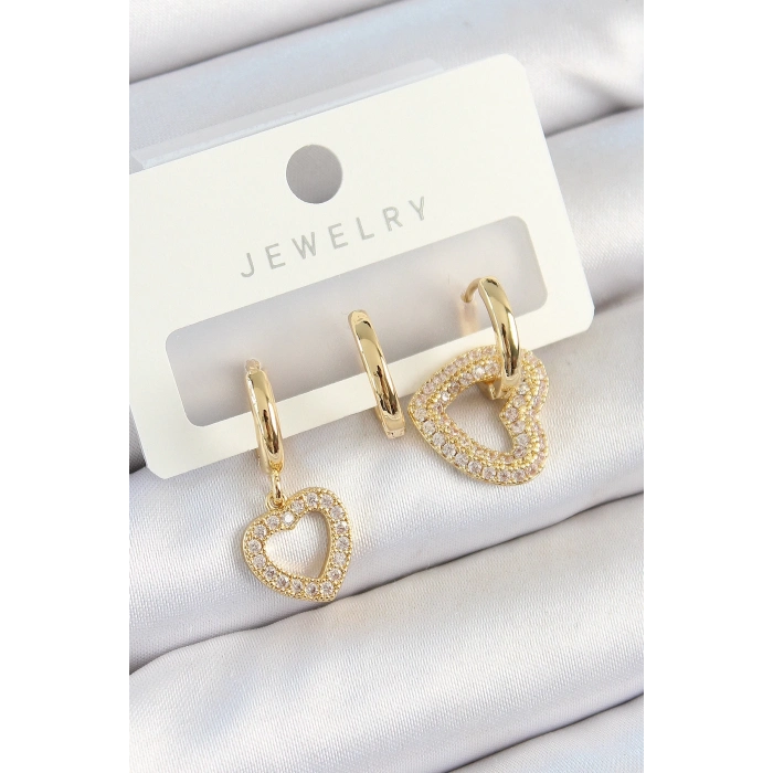 BFS Pirinç Zirkon Taşlı Kalp Model Gold Renk 3lü Çift Kadın Küpe Set