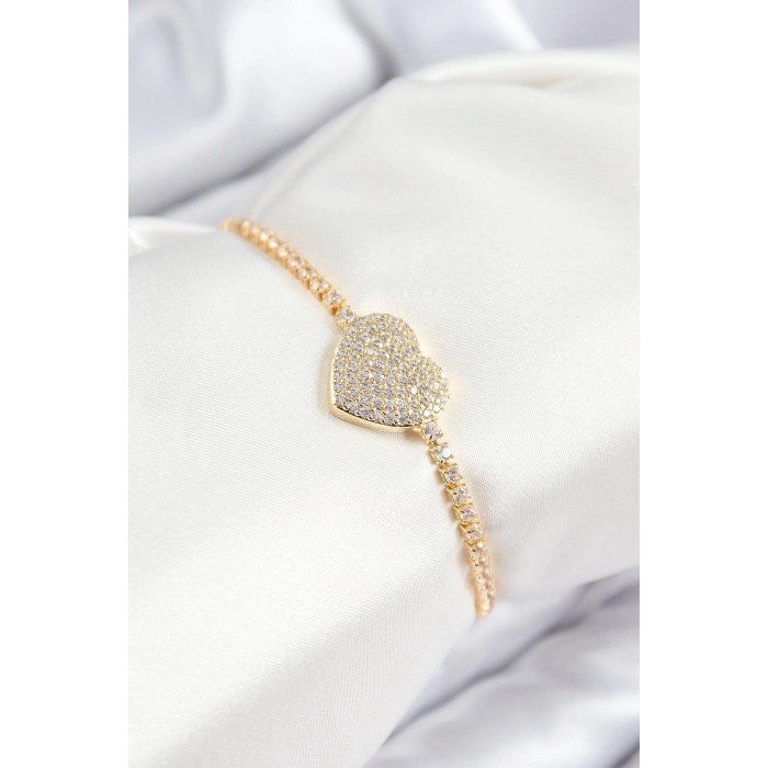 BFS Pirinç Zirkon Taşlı Kalp Model Gold Renk Asansörlü Kadın Bileklik
