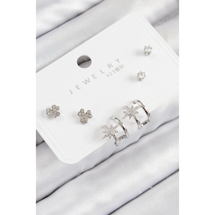 ÇOK SATAN BFS Pirinç Zirkon Taşlı Kutup Yıldızı Model Gümüş Renk 925 Ayar Gümüş Çivi Kadın Küpe Set