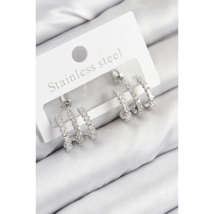 BFS Pirinç Zirkon Taşlı Model Gümüş Renk Kadın Küpe