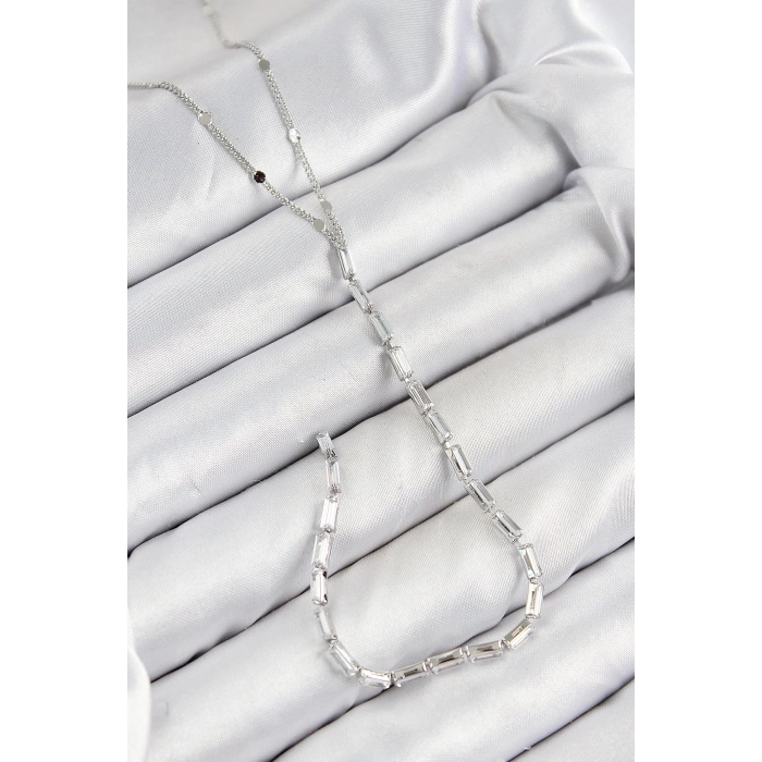 BFS Pirinç Zirkon Taşlı Model Gümüş Renk Y Kolye