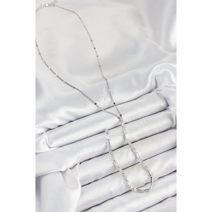 BFS Pirinç Zirkon Taşlı Model Gümüş Renk Y Kolye