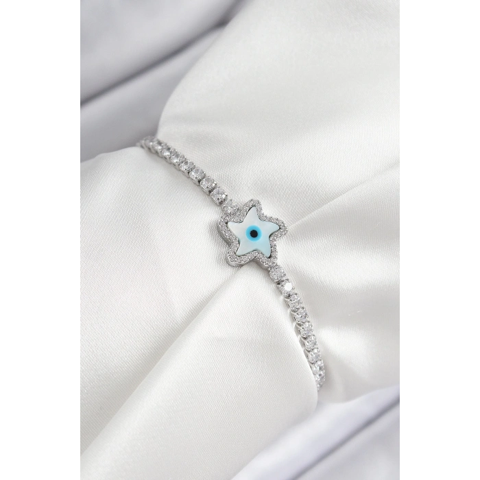 BFS Pirinç Zirkon Taşlı Nazar Yıldız Model Gümüş Renk Asansörlü Kadın Bileklik