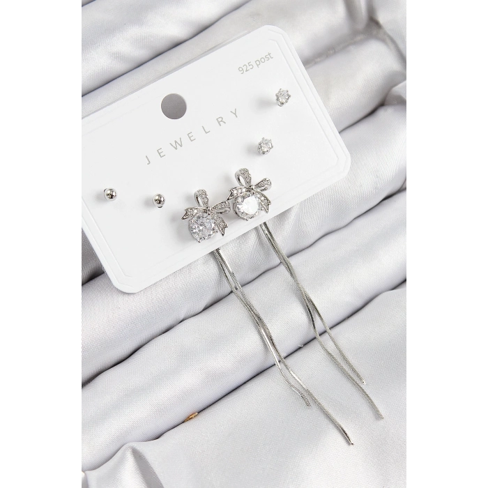 ÇOK SATAN BFS Pirinç Zirkon Taşlı Sallantılı Fiyonk Model Gümüş Renk 925 Ayar Gümüş Çivi Kadın Küpe Set