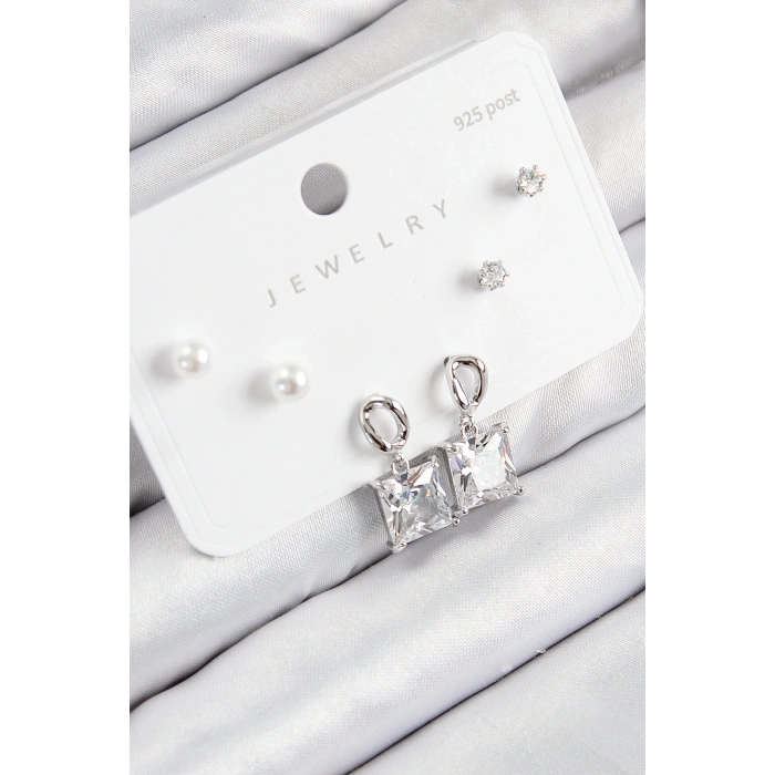 ÇOK SATAN BFS Pirinç Zirkon Taşlı Sallantılı Kare Model Gümüş Renk 925 Ayar Gümüş Çivi Kadın Küpe Set