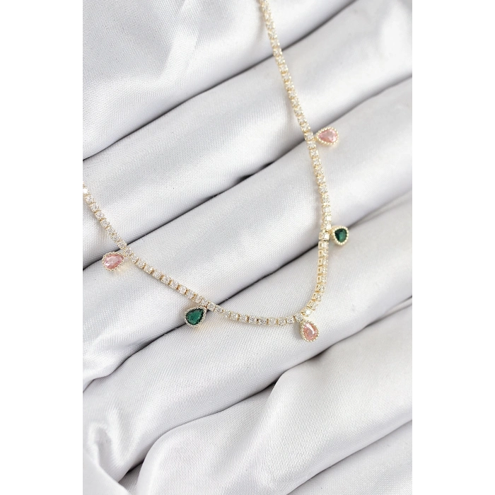 BFS Pirinç Zirkon Taşlı Su Yolu Damla Model Gold Renk Kadın Kolye