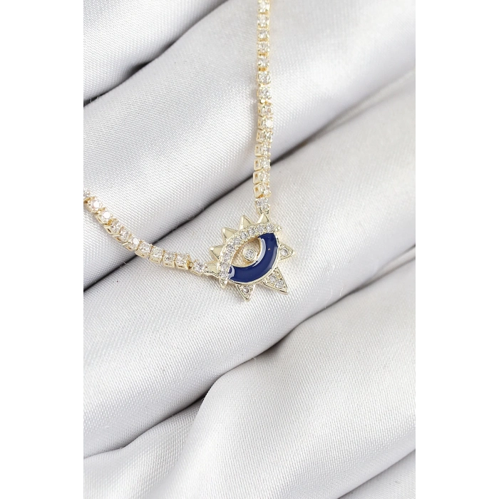 BFS Pirinç Zirkon Taşlı Su Yolu Göz Model Gold Renk Kadın Kolye