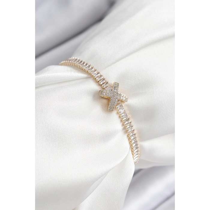 BFS Pirinç Zirkon Taşlı X Detaylı Su Yolu Model Gold Renk Asansörlü Kadın Bileklik