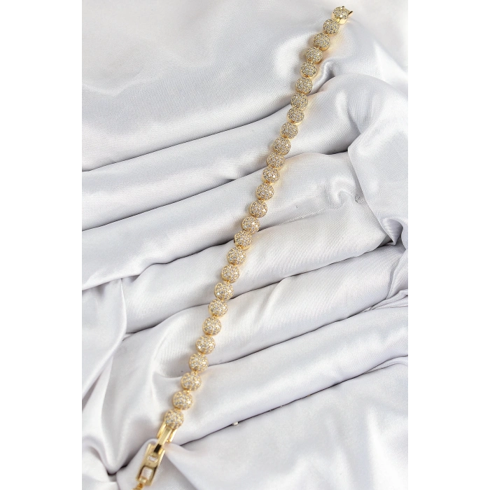 BFS Pirinç Zirkon Taşlı Yarım Topcuk Model Gold Renk VIP Seri Kadın Bileklik