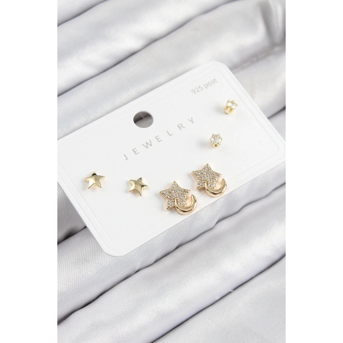 ÇOK SATAN BFS Pirinç Zirkon Taşlı Yıldız Model Gold Renk 925 Ayar Gümüş Çivi Kadın Küpe Set