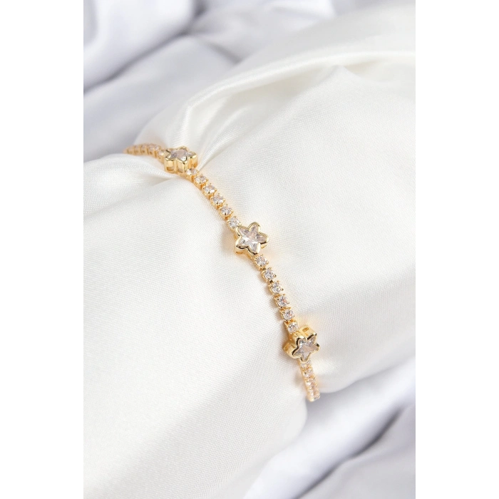 BFS Pirinç Zirkon Taşlı Yıldız Model Gold Renk Asansörlü Kadın Bileklik