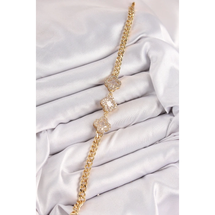 BFS Pirinç Zirkon Taşlı Yonca Model Gold Renk Kadın Bileklik