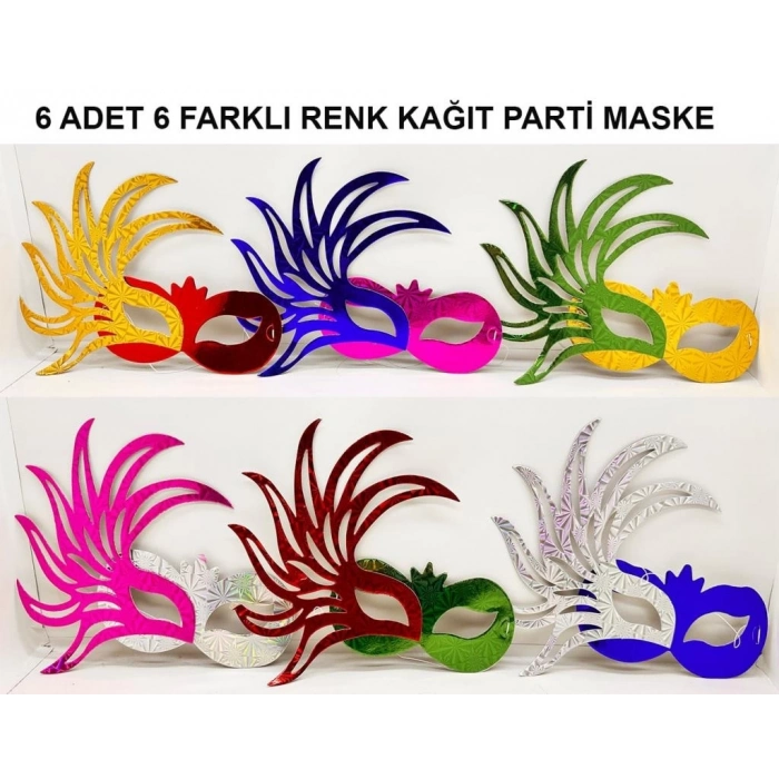 BFS   Rengarenk Kağıt Malzemeden İmal Parti Balo Maskesi 6 Adet
