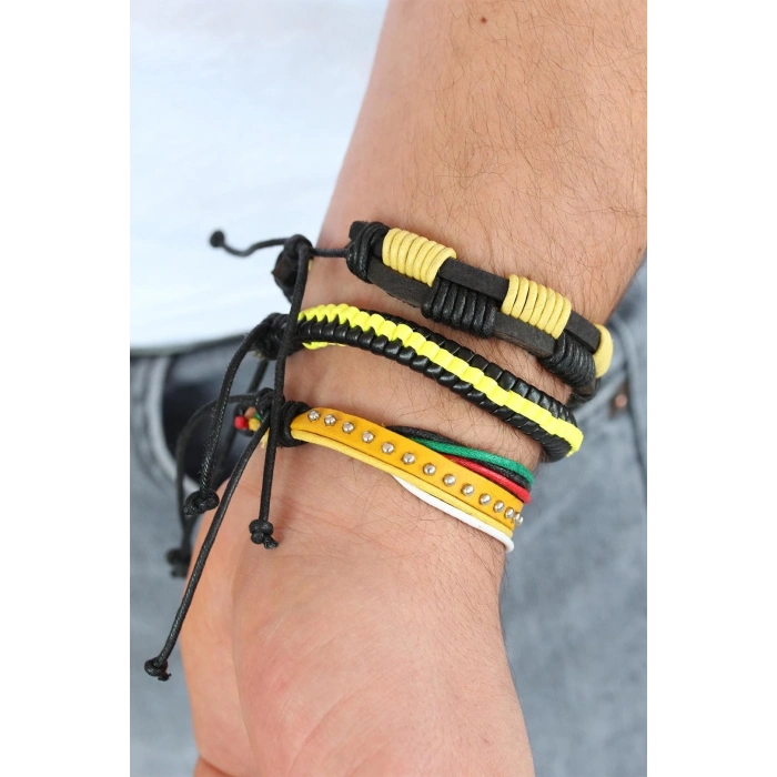 ÇOK SATAN BFS Sarı Renk Zımbalı Deri Erkek Bileklik Kombini