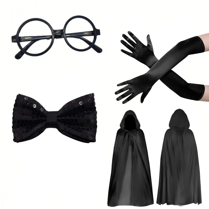 ÇOK SATAN BFS Siyah Kapüşonlu Büyücü Ve Cadı Pelerin Kostüm Seti (4 Parça)