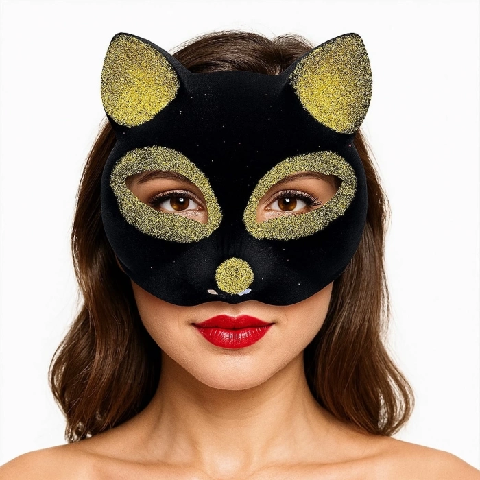 BFS     Siyah Renk Gold Simli Süet Kaplama Kedi Maskesi 18x14 cm