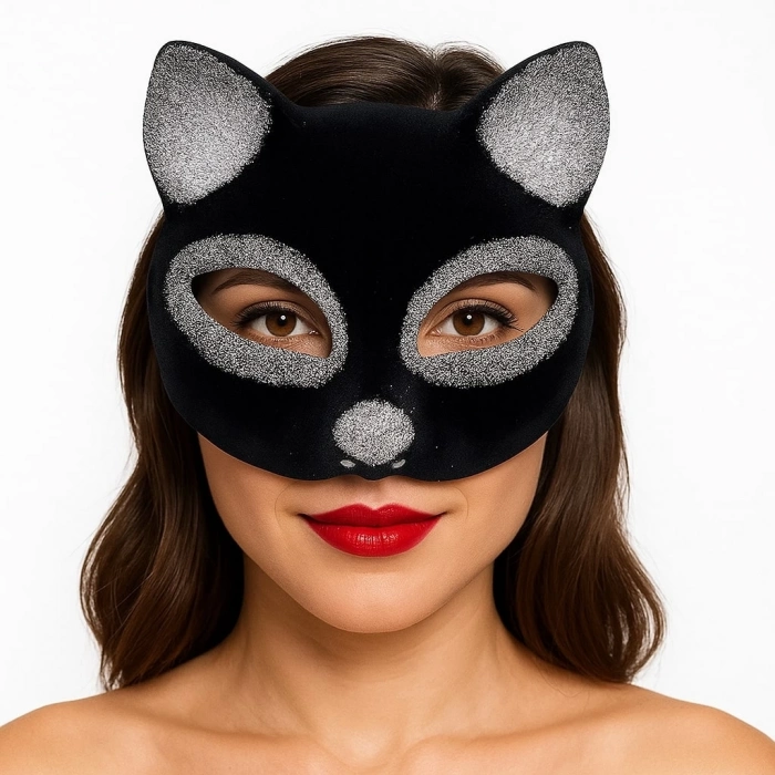BFS     Siyah Renk Gümüş Simli Süet Kaplama Kedi Maskesi 18x14 cm