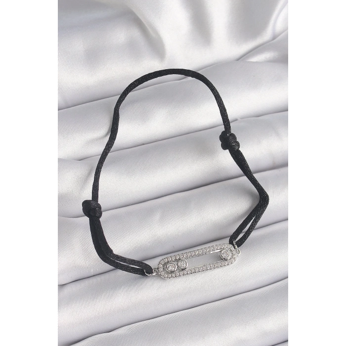 ÇOK SATAN BFS Siyah Renk İpli Asansör Zirkon Taşlı Gümüş Messika Model Kadın Bileklik