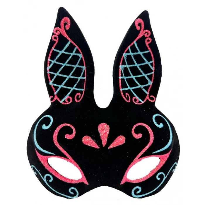 BFS   Siyah Renk Mavi Kırmızı Simli Siyah Süet Kaplama Tavşan Maskesi 18x16 cm