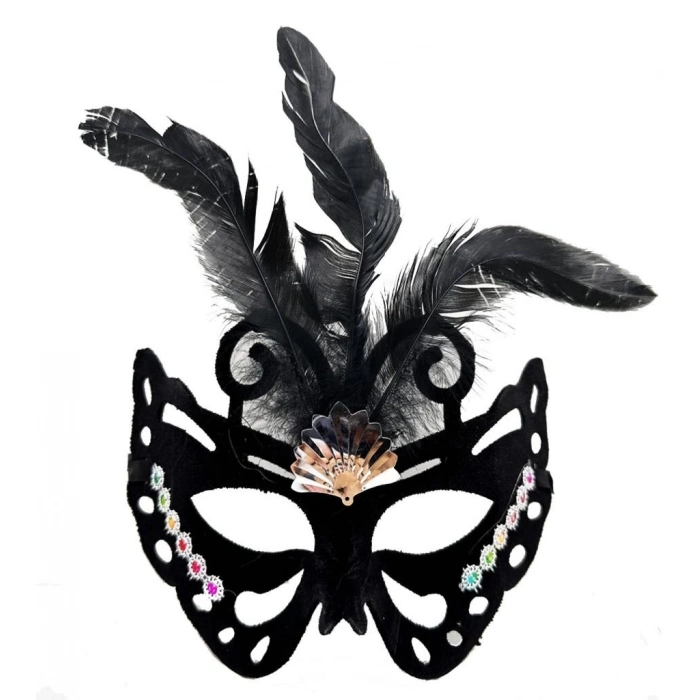 BFS   Siyah Renk Siyah Süet Kaplama Tüylü Kelebek Figür Parti Maskesi 24x18 cm