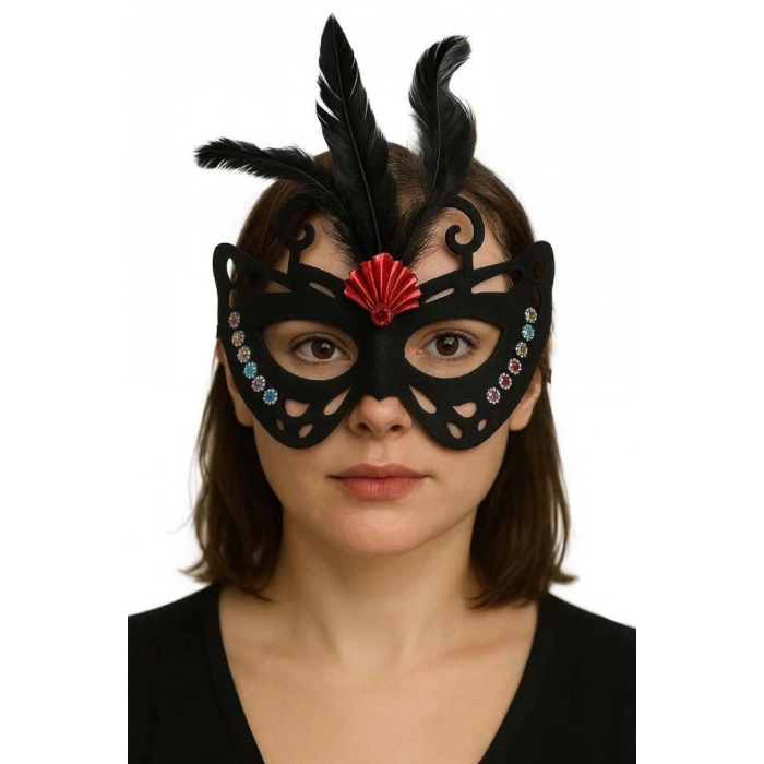 BFS   Siyah Renk Siyah Süet Kaplama Tüylü Kelebek Figür Parti Maskesi 24x18 cm