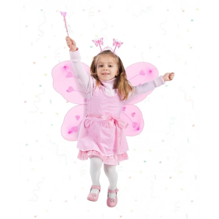 BFS   Toz Pembe Renk Kelebek Kanadı Tacı ve Sopası 50x37 cm