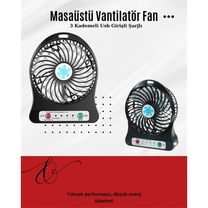 BFS USB Girişli Taşınabilir Masaüstü Mini Fan – 3 Kademeli Hız, Şarjlı, Işıklı, Sessiz Çalışma
