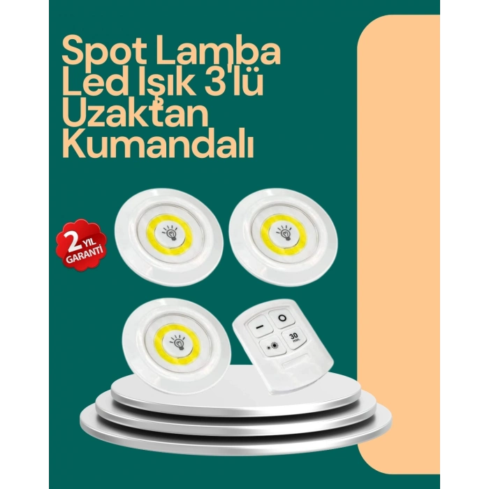 BFS Uzaktan Kumanda İle Kontrol Edilebilen Yapışkanlı 3 Lü Kablosuz Led Spot Lamba