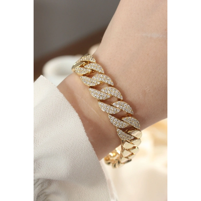 ÇOK SATAN BFS Vip Seri Pirinç Ortası Zirkon Taşlı Gold Renk Gurmet Bileklik