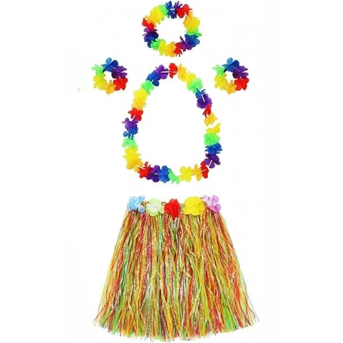 BFS   Yetişkin ve Çocuk Uyumlu Luau Aloha Hawaii  Kolye Renkli Etek Taç ve Bileklik Seti