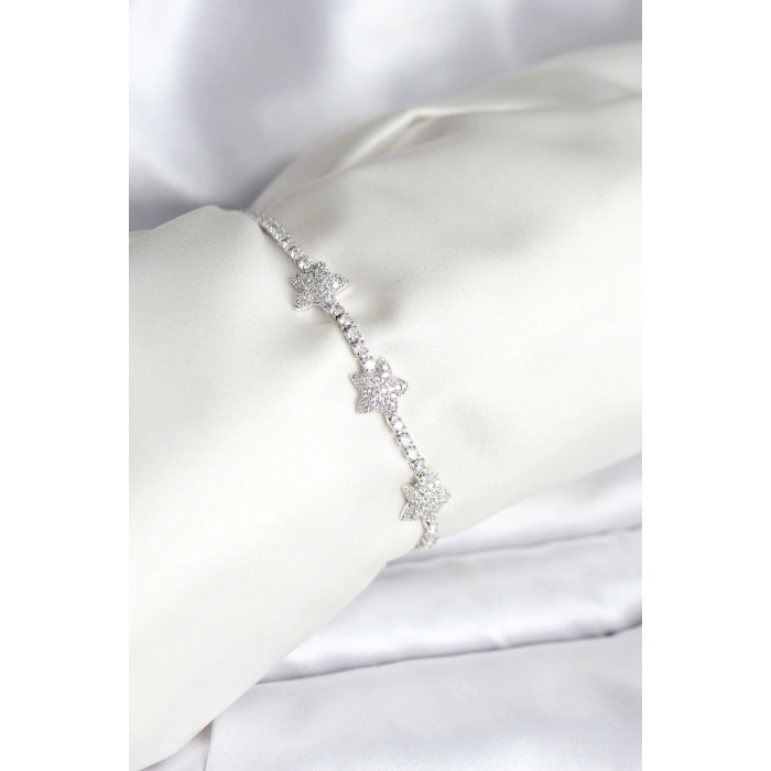 BFS Yıldız Model Zirkon Taşlı Gümüş Renk Pirinç Su Yolu Kadın Bileklik