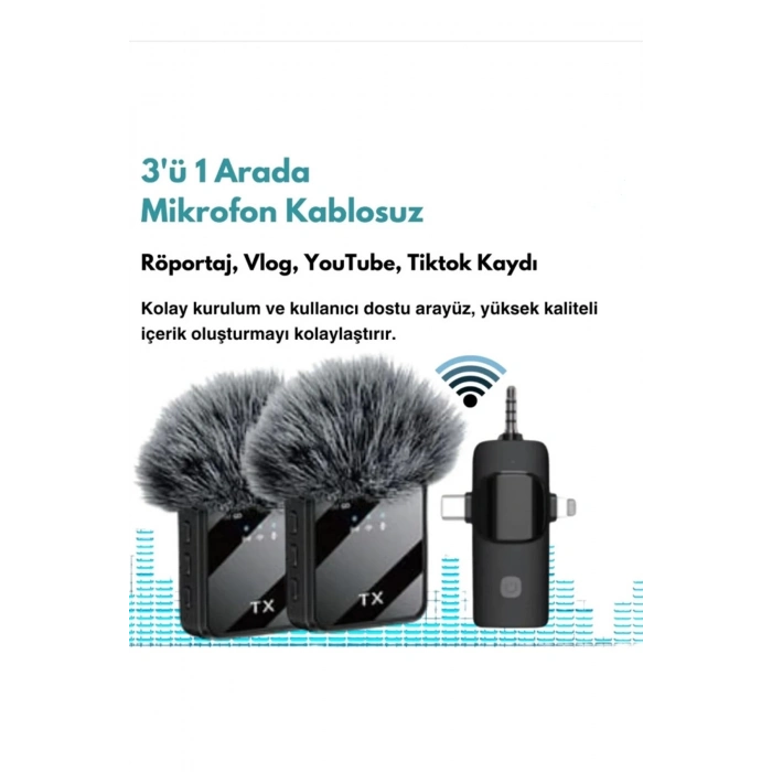 ÇOK SATAN BFS Yüksek Kalite Profesyonel 3 In 1 Kablosuz Taşınabilir Yaka Mikrofonu Tüylü