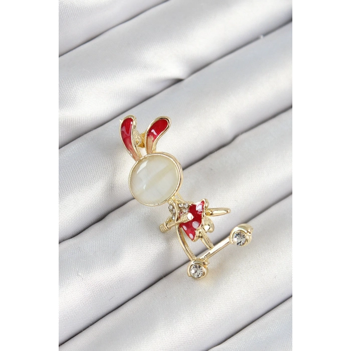 BFS Zirkon Taş Detaylı Kırmızı 3D Scooter Süren Tavşan Kız Figürlü Gold Renk Kadın Broş