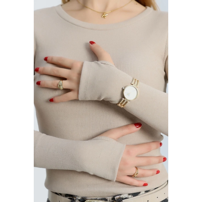 ÇOK SATAN Bisiklet Yaka Parmak Geçmeli Kaşkorse bluz bej a3829