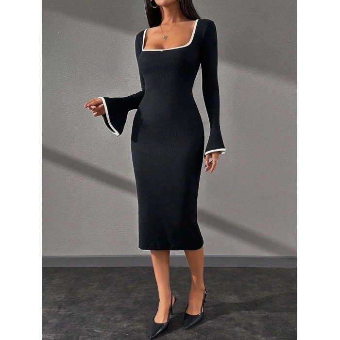 Biyeli midi boy elbise siyah A3718