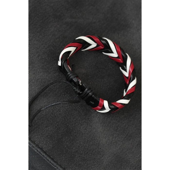 ÇOK SATAN Bordo Beyaz Siyah Örgü Deri Erkek Bileklik