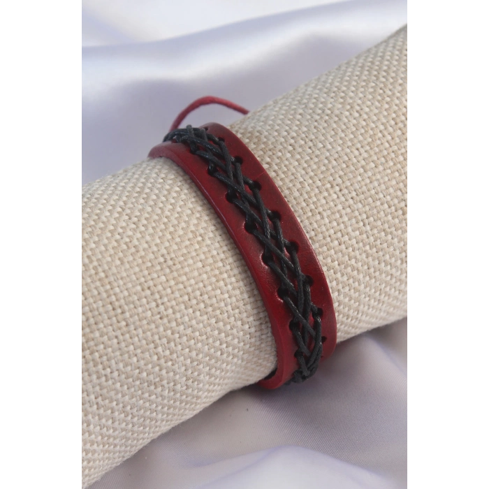ÇOK SATAN Bordo Renk Siyah İpli Deri Erkek Bileklik