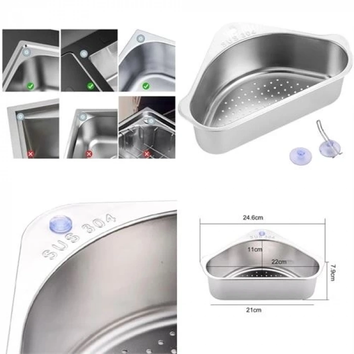 ÇOK SATAN BX Inox Lavabo Köşe Süzgeci Organizer 304 Paslanmaz Çelik