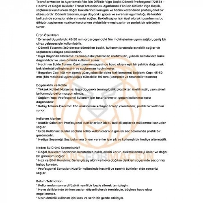 ÇOK SATAN BX Isı Ayarlamalı Fön Için Difüzör Vigo Başlık Dönerli Profesyonel