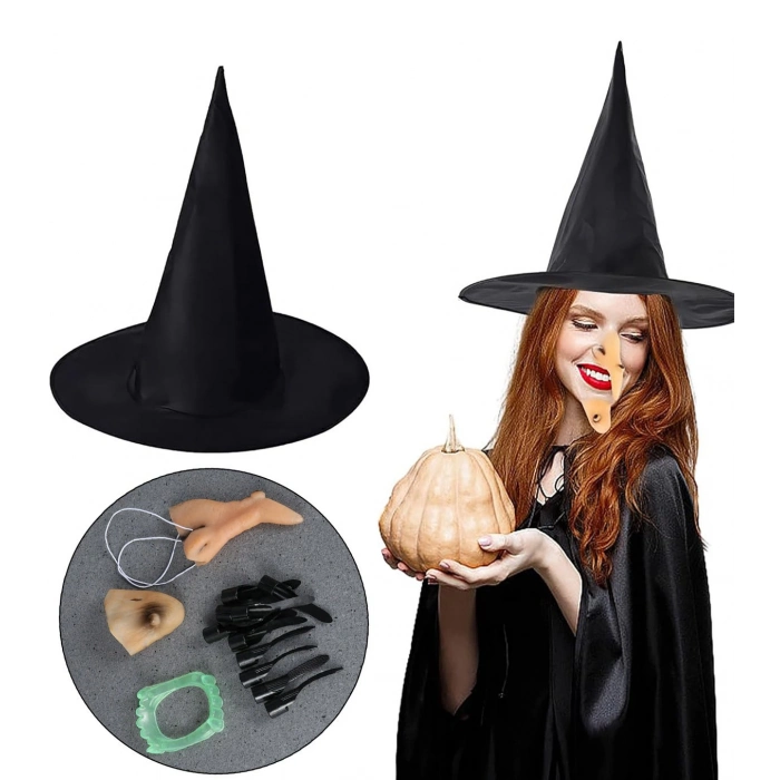 ÇOK SATAN Cadı Kostüm Seti - Cadı Şapkası, Cadı Tırnakları, Cadı Burnu, Cadı Çenesi, Cadı Dişi