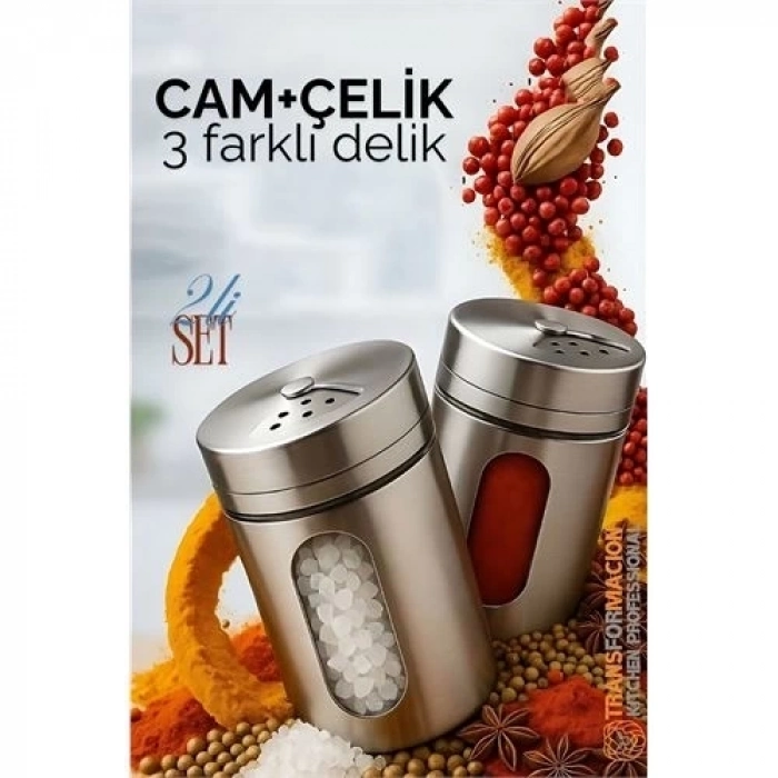 ÇOK SATAN Cam+Çelik Tuzluk Biberlik Karabiberlik 3 Farklı Delikli 2 li SET