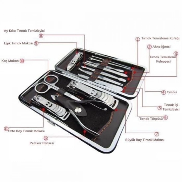 ÇOK SATAN Çantalı Manikür Pensi Profesyonel ve Manikür Pedikür Seti 13 Parça Tırnak Eti İtici Ve Cımbı