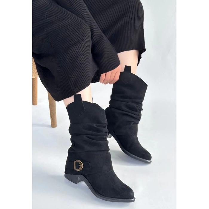 ÇOK SATAN Canty Siyah Süet Körüklü Topuklu Çizme